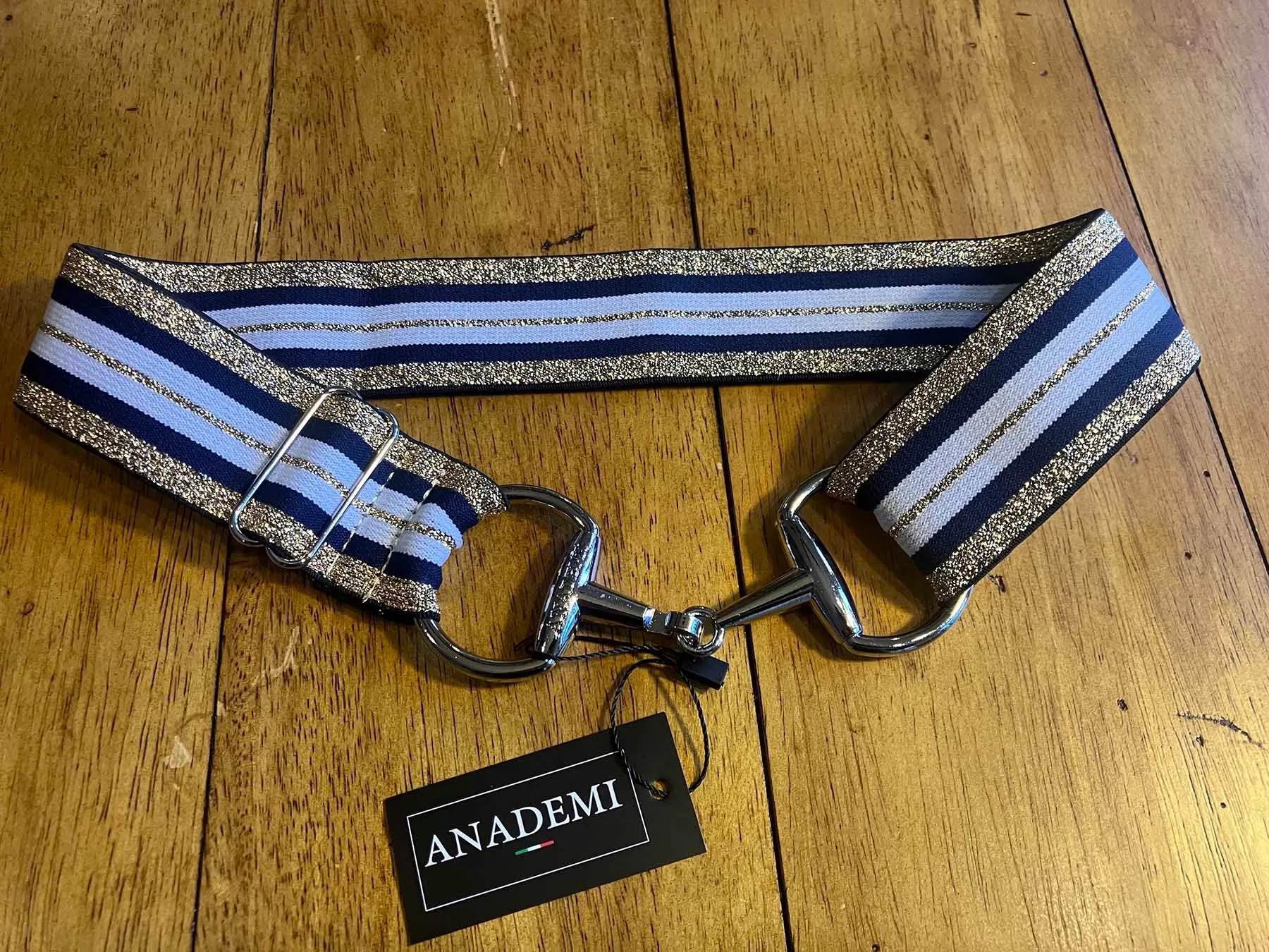 Anademi Stretch Belt with Silver Bit Buckle - Gold with Navy and White Stripes