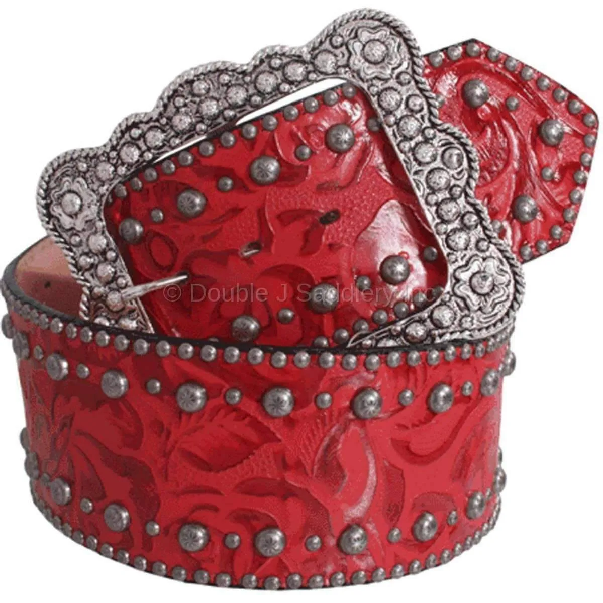 B153A - Red Floral Print Studded Belt