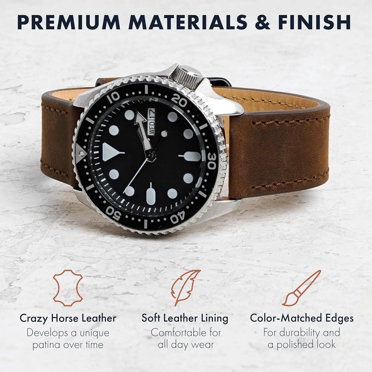 Benchmark Leather Watch Band - Crazy Horse Leather Watch Straps for Men & Women - Stainless-Steel Buckle & Quick Release Spring Bars - Choice of Color - 18mm, 20mm, or 22mm Widths