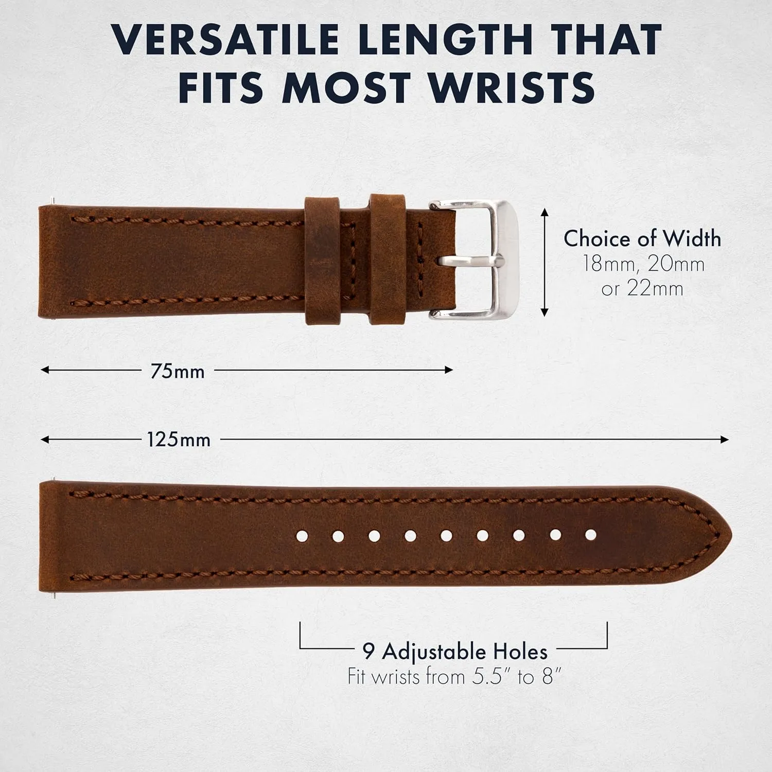 Benchmark Leather Watch Band - Crazy Horse Leather Watch Straps for Men & Women - Stainless-Steel Buckle & Quick Release Spring Bars - Choice of Color - 18mm, 20mm, or 22mm Widths