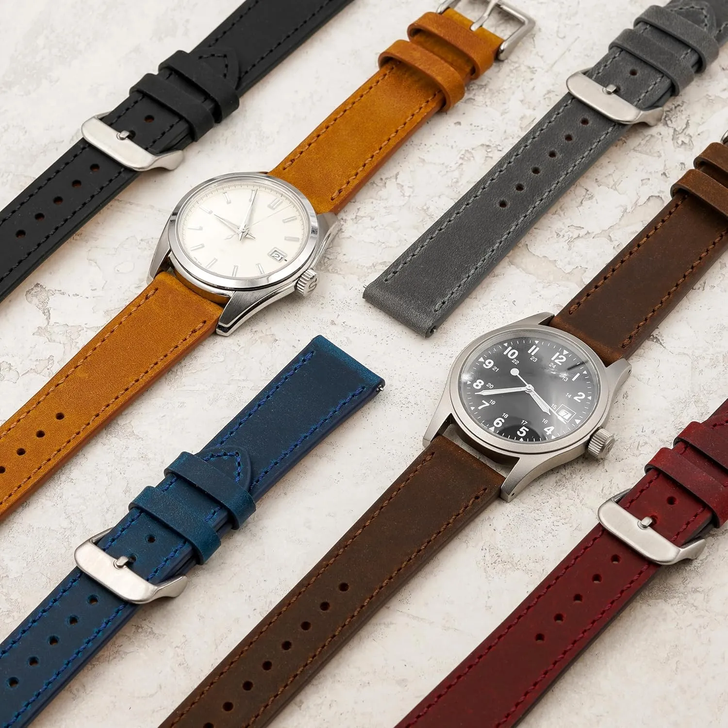 Benchmark Leather Watch Band - Crazy Horse Leather Watch Straps for Men & Women - Stainless-Steel Buckle & Quick Release Spring Bars - Choice of Color - 18mm, 20mm, or 22mm Widths
