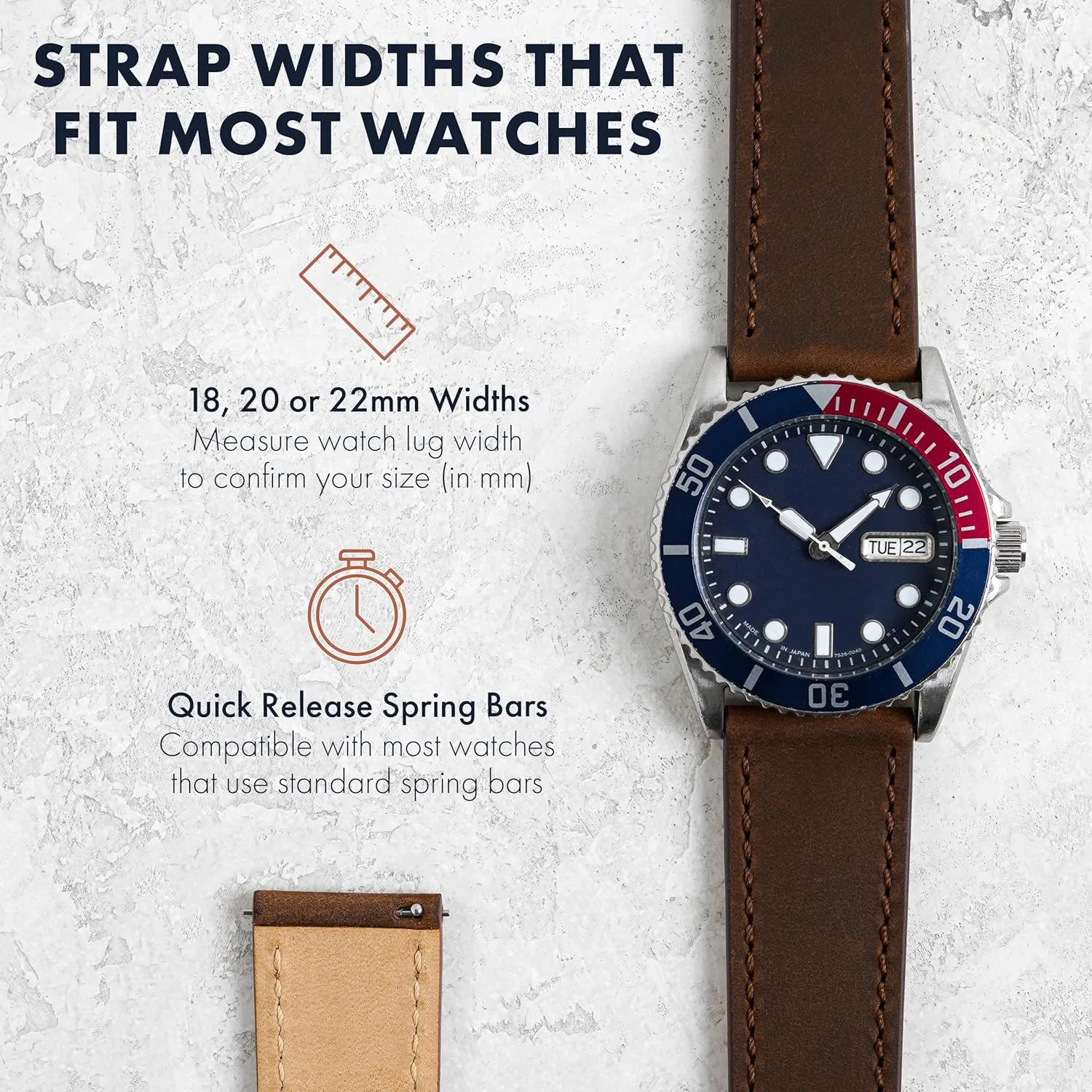Benchmark Leather Watch Band - Crazy Horse Leather Watch Straps for Men & Women - Stainless-Steel Buckle & Quick Release Spring Bars - Choice of Color - 18mm, 20mm, or 22mm Widths