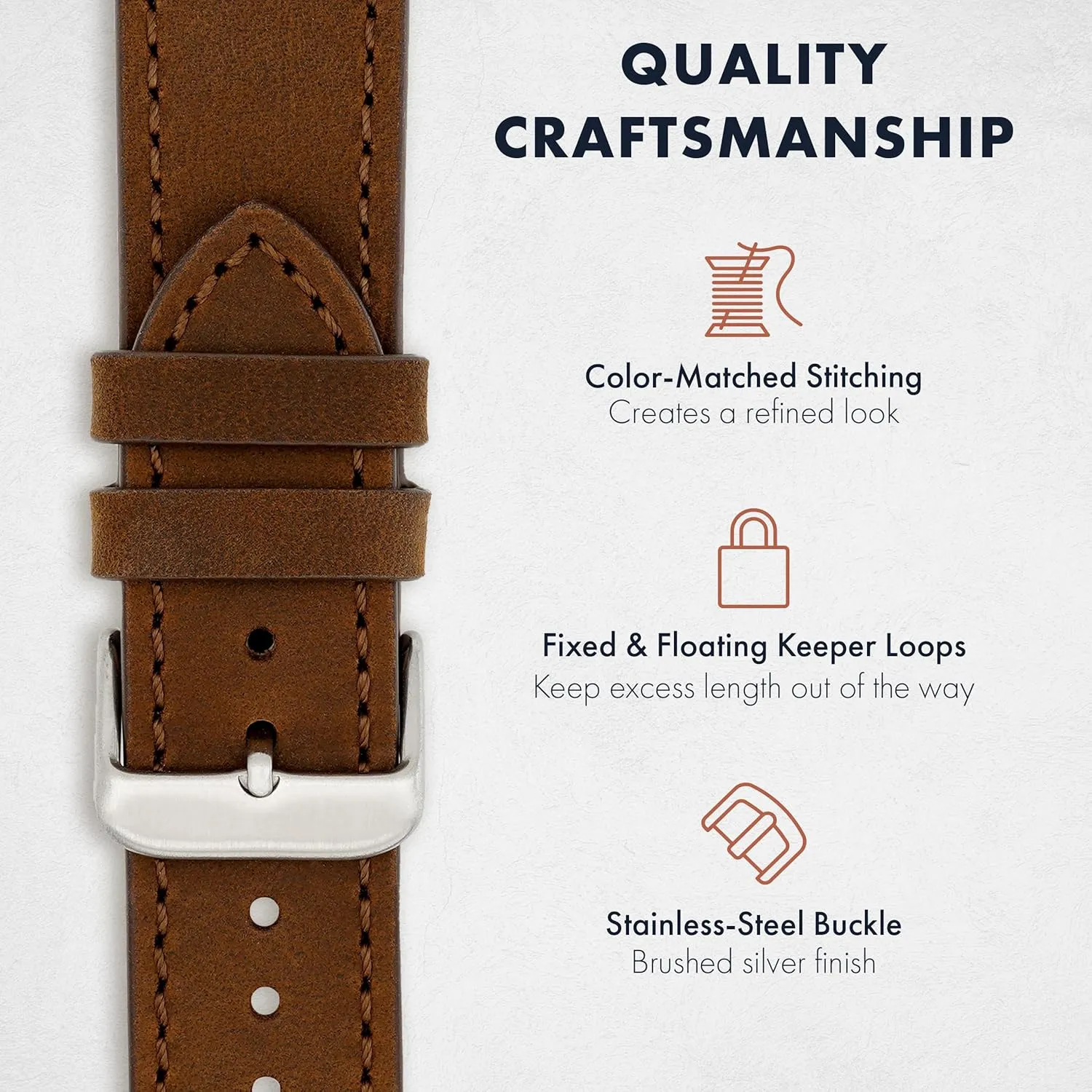 Benchmark Leather Watch Band - Crazy Horse Leather Watch Straps for Men & Women - Stainless-Steel Buckle & Quick Release Spring Bars - Choice of Color - 18mm, 20mm, or 22mm Widths