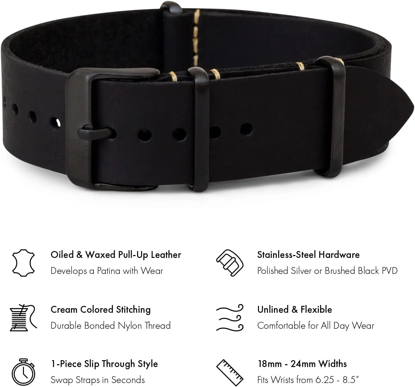 Benchmark Leather Watch Band - Crazy Horse Oiled Leather One-Piece Watch Straps for Men or Women - 18mm, 20mm, 22mm or 24mm Widths