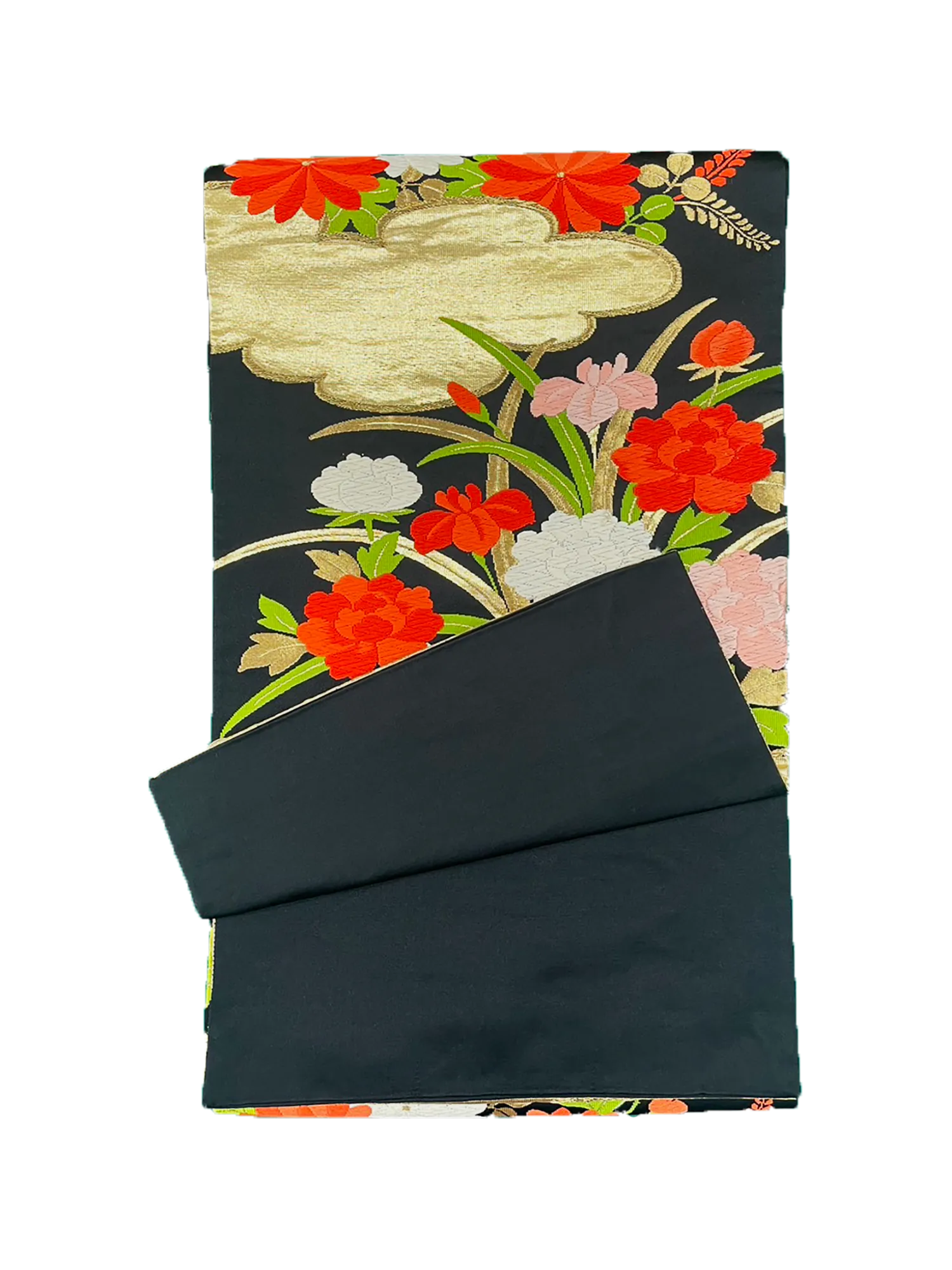 Japanese Kimono Vintage Fukuro Obi - Black, Gold and Red Flower Embroidery