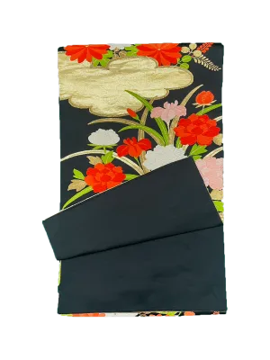 Japanese Kimono Vintage Fukuro Obi - Black, Gold and Red Flower Embroidery
