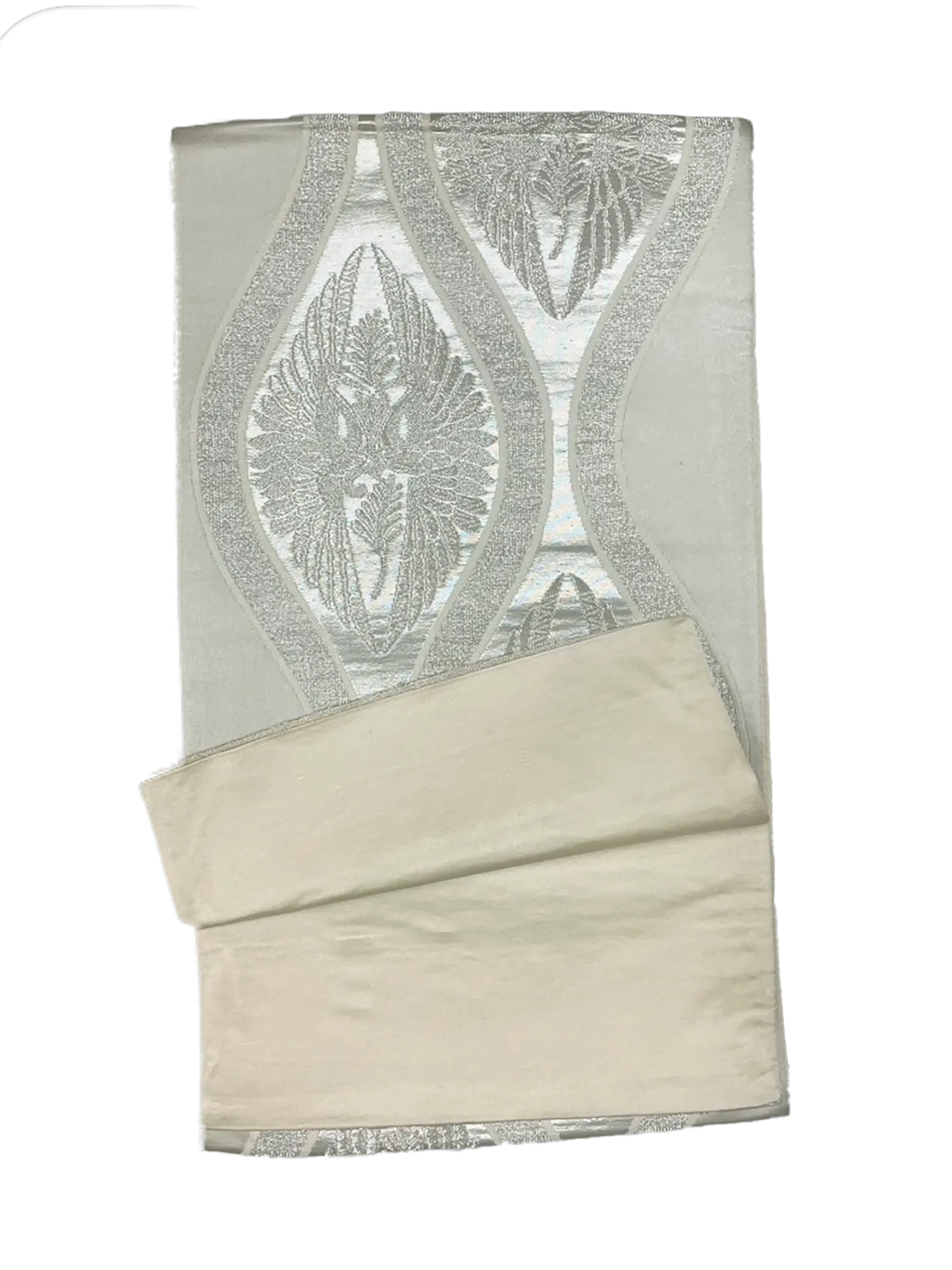 Japanese Kimono Vintage Fukuro Obi - Silver, White, Crane
