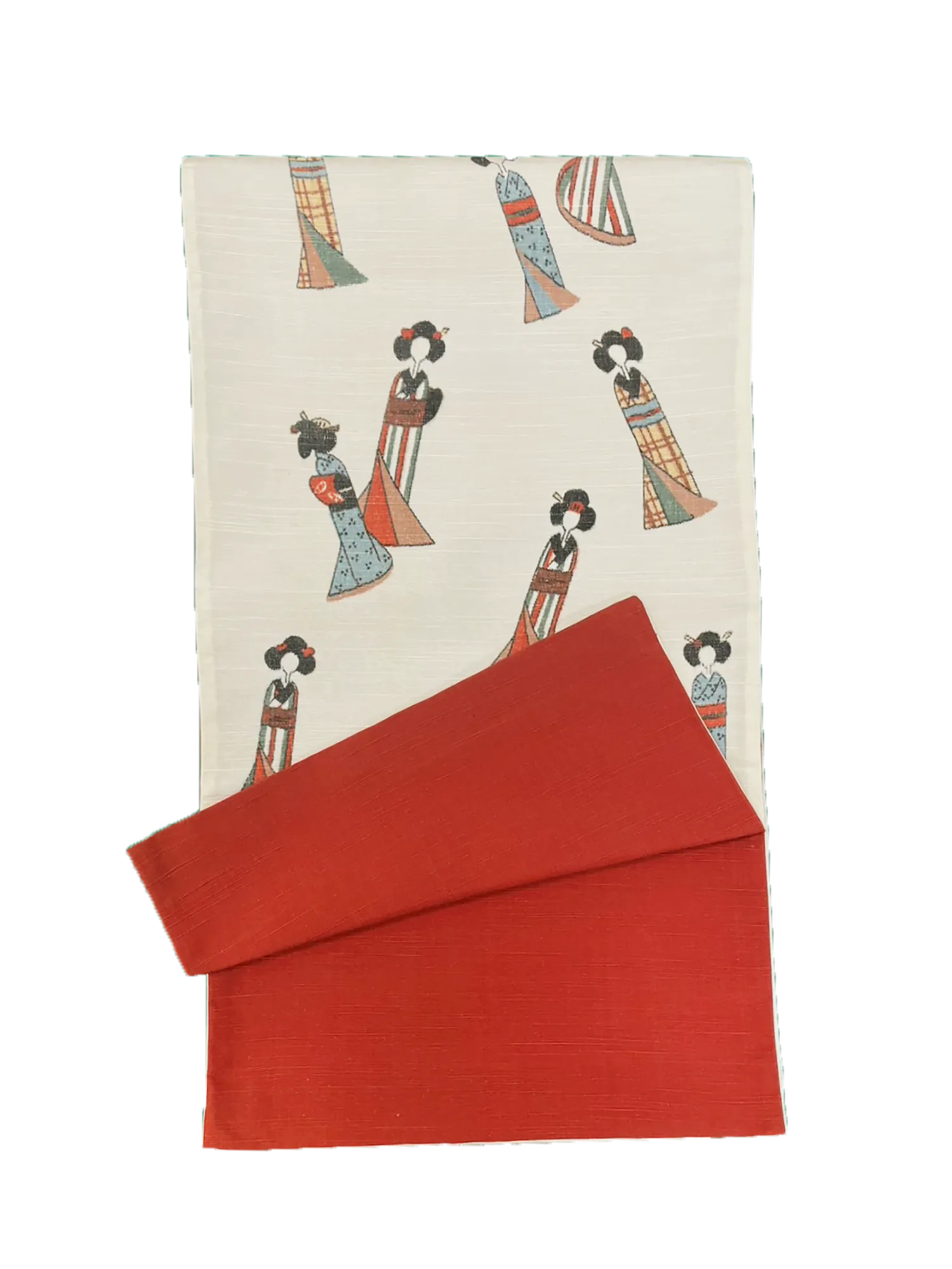 Japanese Kimono Vintage Fukuro Obi - White, Kokeshi Dolls