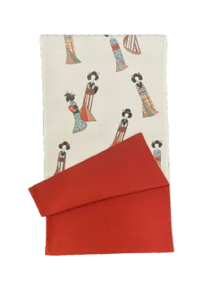 Japanese Kimono Vintage Fukuro Obi - White, Kokeshi Dolls