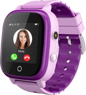 Kids Smart Watch, 4G WiFi GPS LBS Tracker SOS Emergency Call Video Chat Children Smartwatches, IP67 Waterproof Phone Watch for Age 4-12 Boys Girls Gifts (Purple, T5, Cartoon Style)