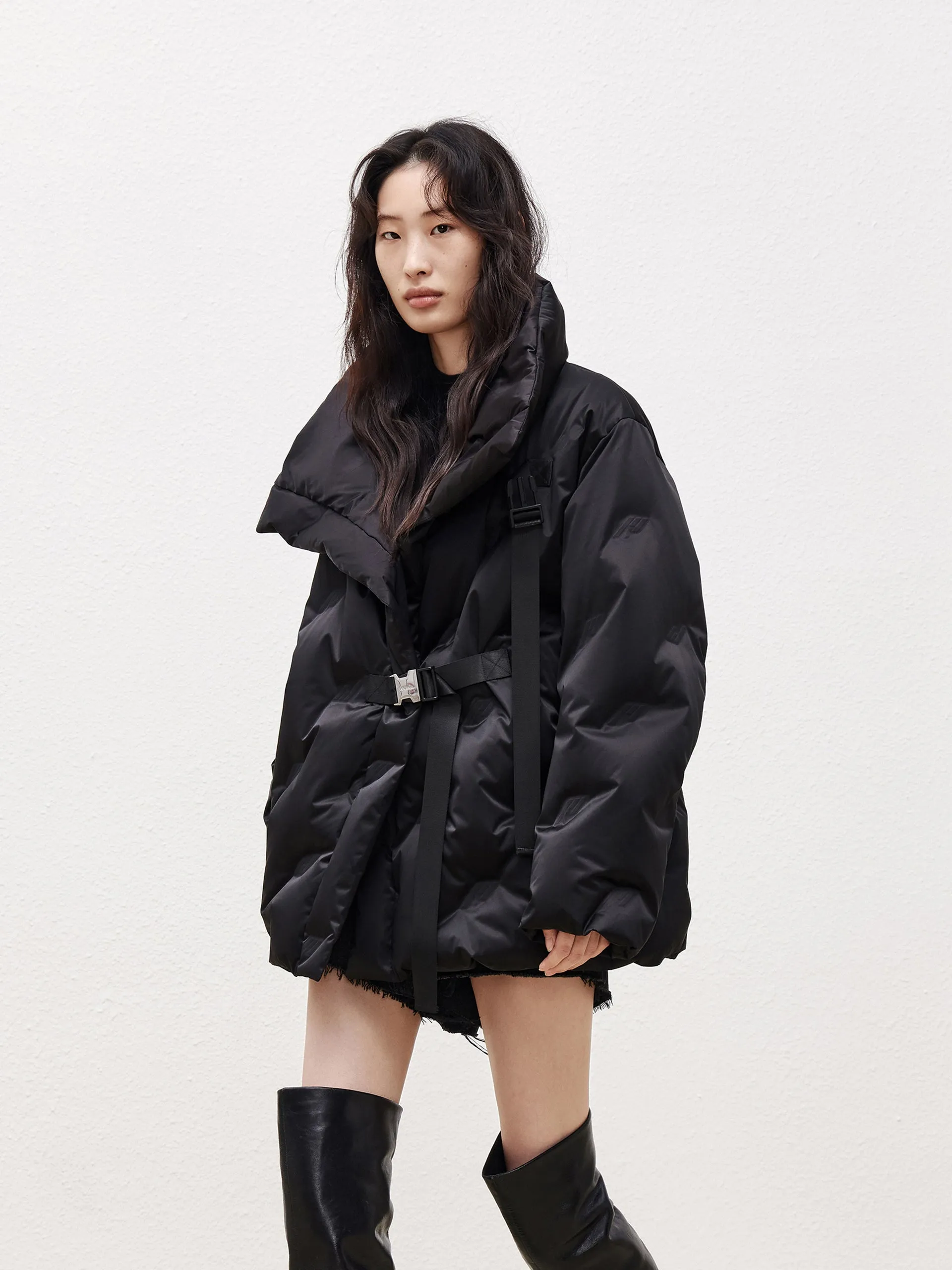 Lapel Collar Down Jacket with Adjustable Belts