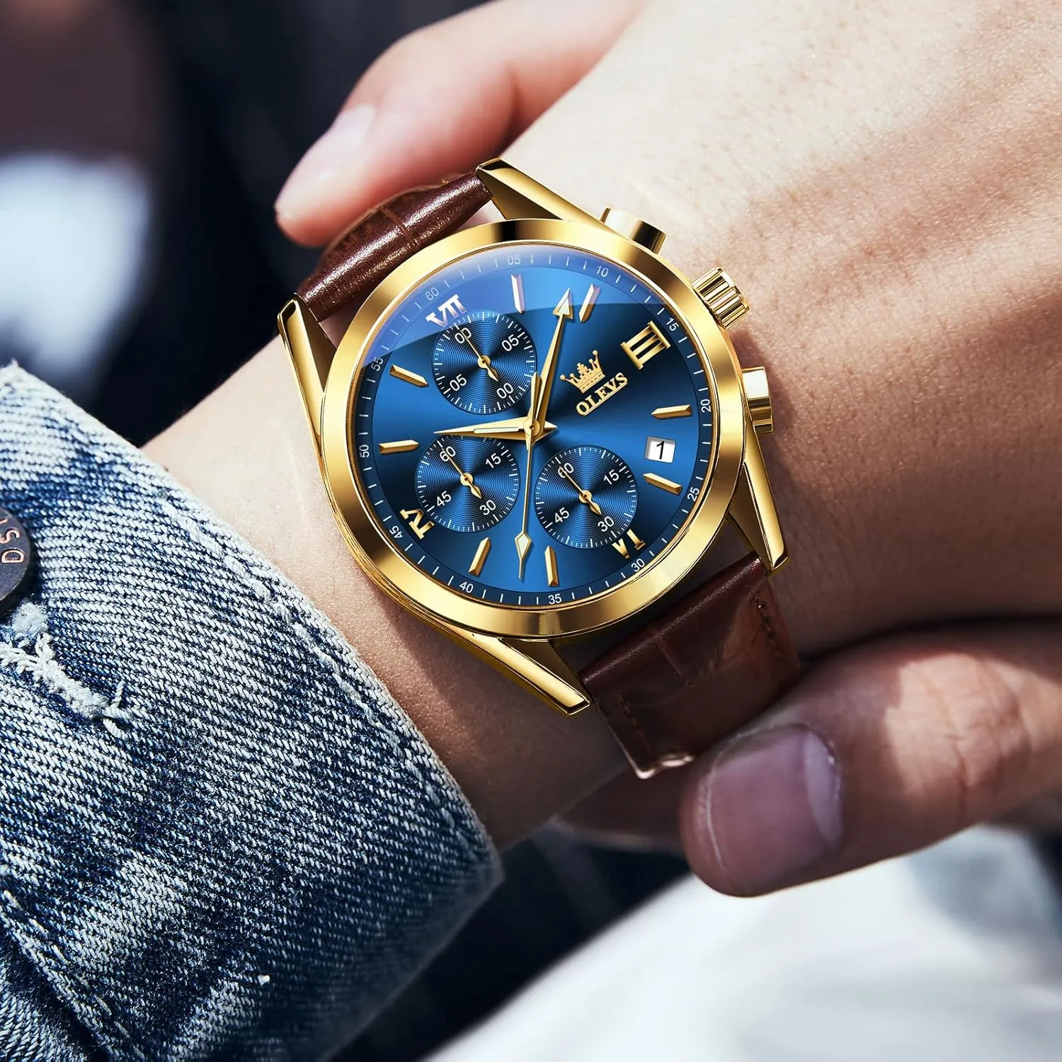 OLEVS Mens Leather Watch,Fashion Casual Dress Analog Chronograph Watches for Men,Classic Luxury Big Face Waterproof Mens Watches,Blue/Black/Brown/White Dial