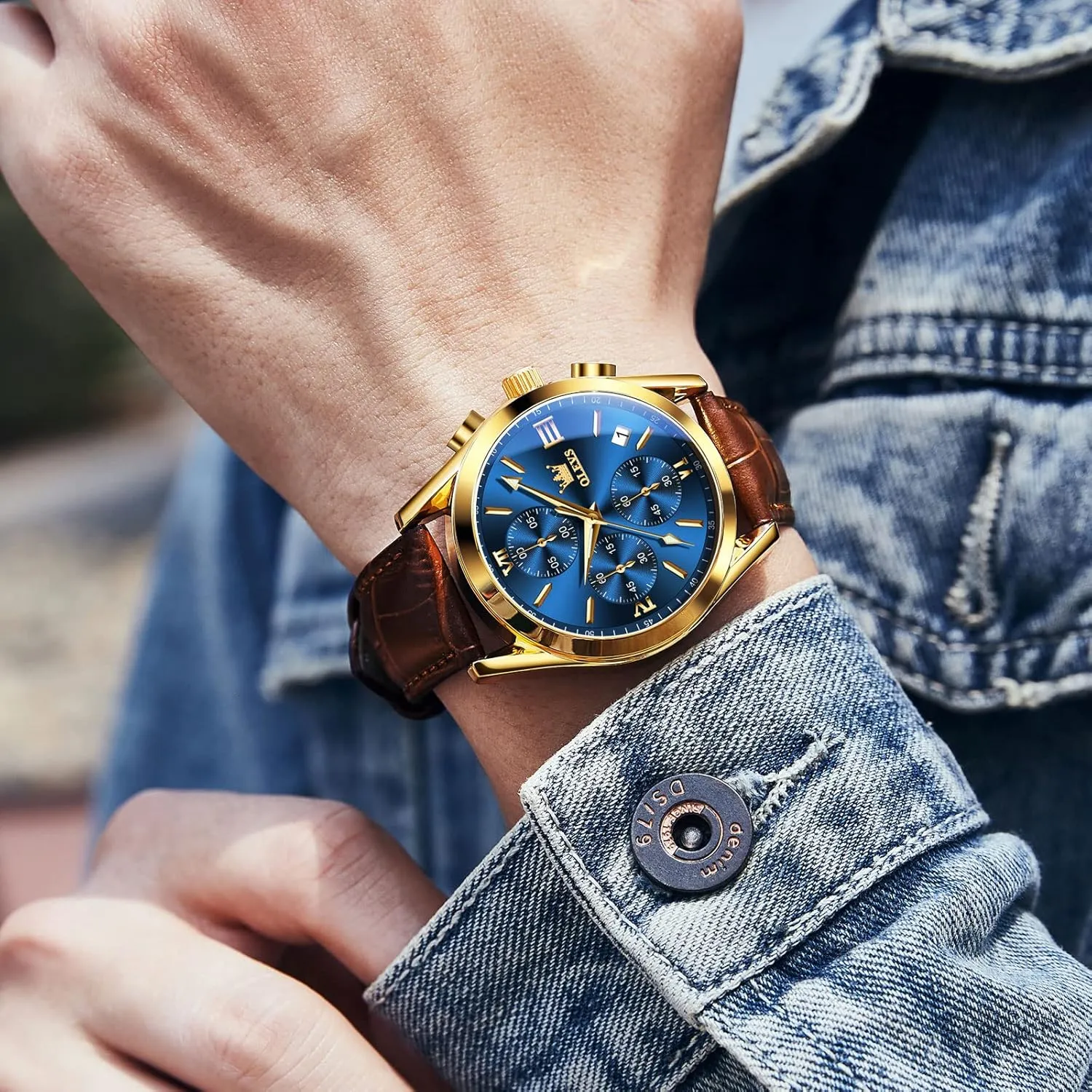 OLEVS Mens Leather Watch,Fashion Casual Dress Analog Chronograph Watches for Men,Classic Luxury Big Face Waterproof Mens Watches,Blue/Black/Brown/White Dial