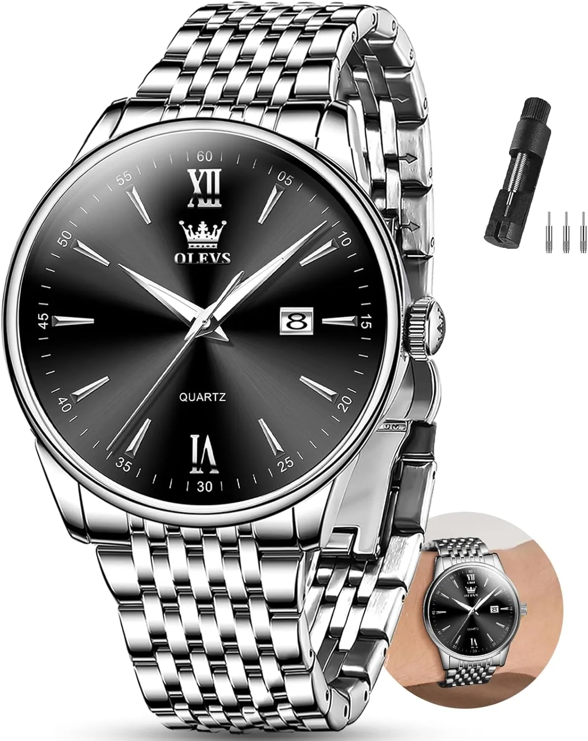 OLEVS Men's Watch,Classic Silver Watches for Men, Waterproof Stainless Steel Roman Numbers Men's Watch Easy to Read