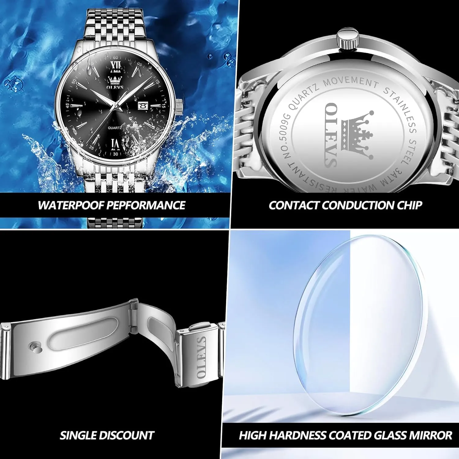 OLEVS Men's Watch,Classic Silver Watches for Men, Waterproof Stainless Steel Roman Numbers Men's Watch Easy to Read