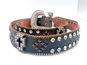 Silver Rhinestone Cross Leather Belt