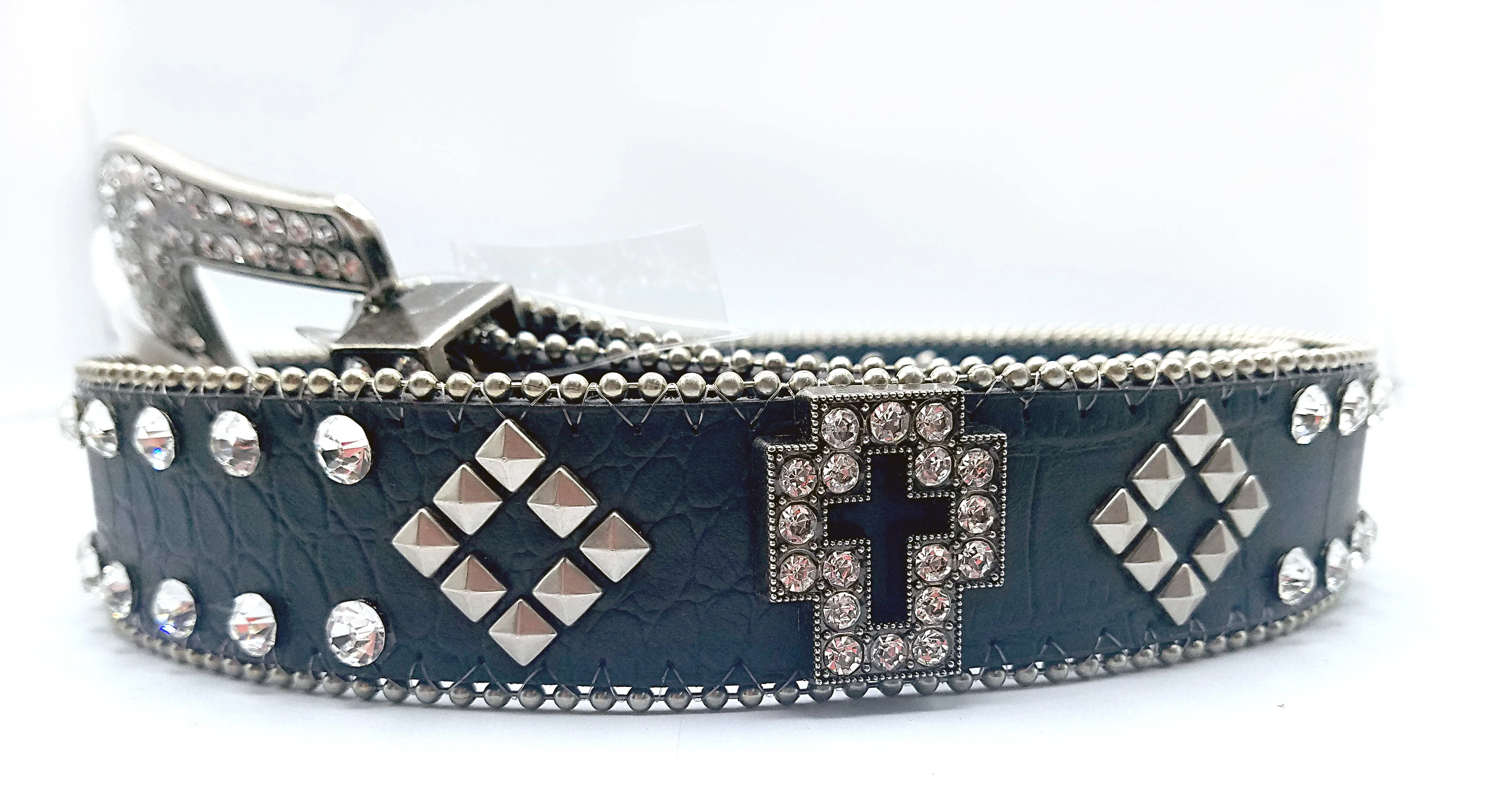 Silver Rhinestone Cross Leather Belt
