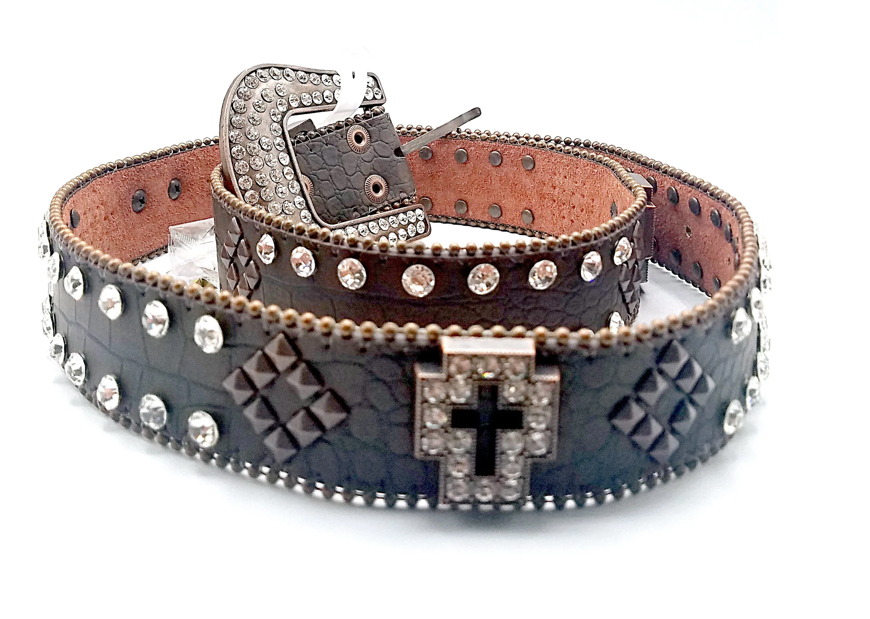 Silver Rhinestone Cross Leather Belt