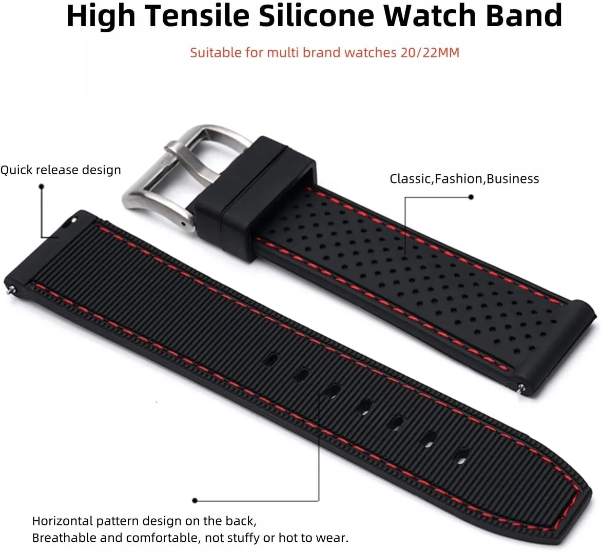 Sporty Soft Silicone Adjustable Watch Bands,Waterproof Rubber Watch Bands for Women & Men,Breathable Quick Release Watch Straps,Compatible with Regular & Smart Watch Bands