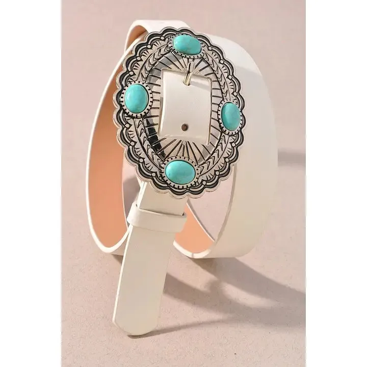 Stone Accent Oval Concho Buckle Belt