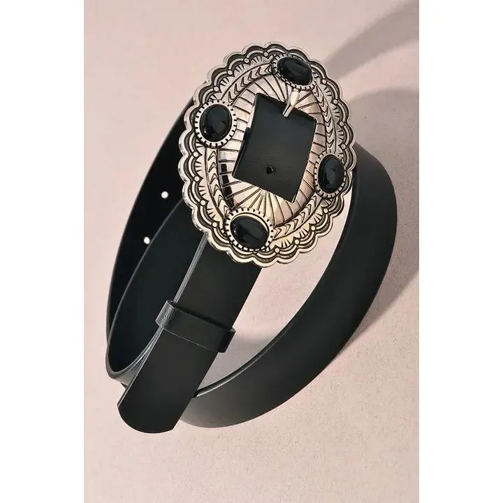 Stone Accent Oval Concho Buckle Belt