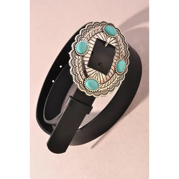 Stone Accent Oval Concho Buckle Belt
