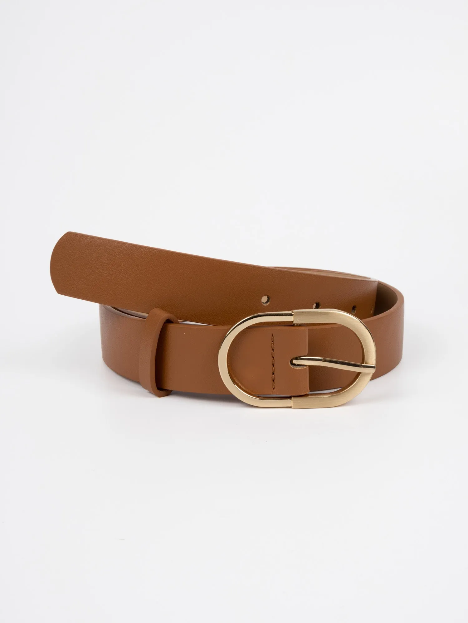Vegan PU Leather Belt - Agen - Wide Oval Buckle - Gold / Tan - 103cm