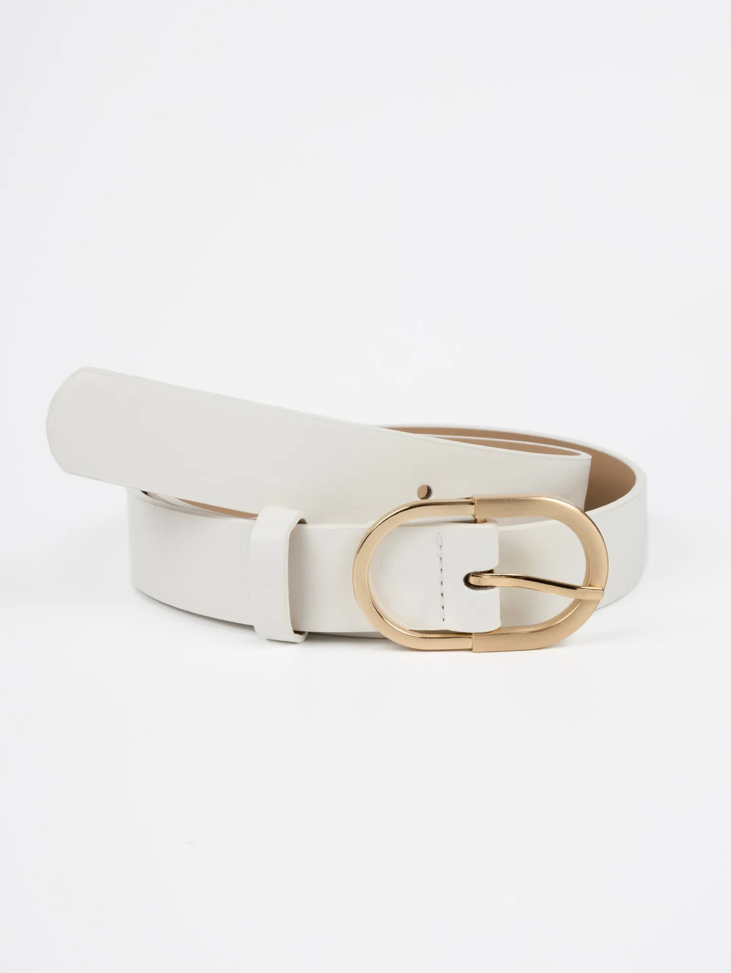 Vegan PU Leather Belt - Agen - Wide Oval Buckle - Gold / White - 103cm